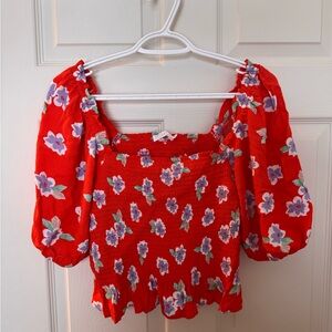 Lush Red Floral Smocked Blouse